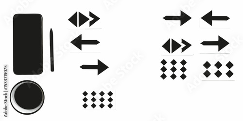 Illustration of a smartphone with a stylus, a charging pad, and various arrow and grid icons
