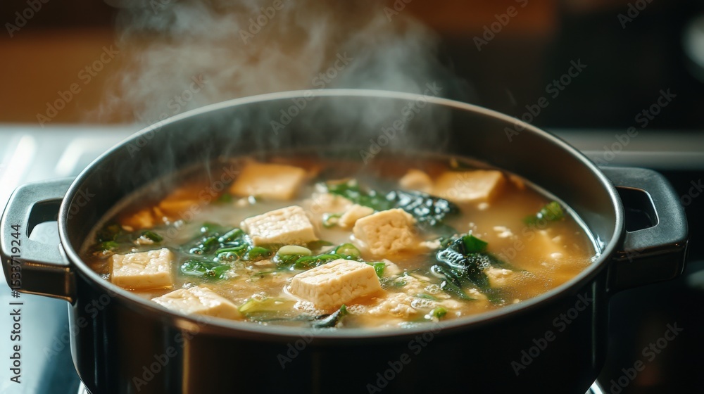 A pot of miso soup steaming on the stove, tofu and seaweed floating inside A pot of miso soup steaming on the stove, tofu and seaweed floating inside