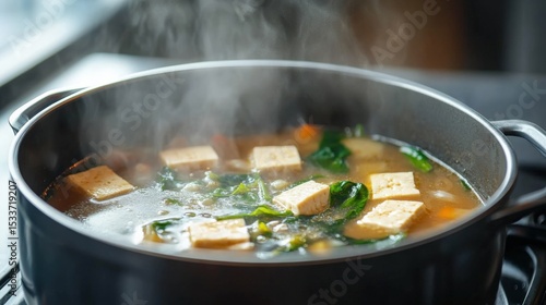 A pot of miso soup steaming on the stove, tofu and seaweed floating inside 