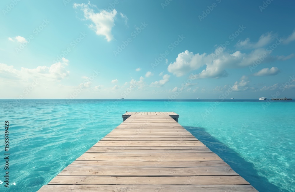 Wooden pontoon extends into bright blue sea under a sunny sky. Tranquil scene of clear turquoise water, white clouds, blue horizon. Vacation, travel, summer, scenic, relaxation, sea coast. Wooden pontoon extends into bright blue sea under a sunny sky. Tranquil scene of clear turquoise water, white clouds, blue horizon. Vacation, travel, summer, scenic, relaxation, sea coast.