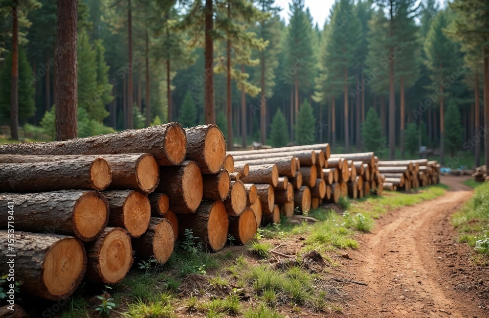 Forest landscape with stacked tree logs. Timber industry timbering, nature background. Pile of cut trunks, woodpile, forestry, environment, panorama. Wooden material ready for construction, Forest landscape with stacked tree logs. Timber industry timbering, nature background. Pile of cut trunks, woodpile, forestry, environment, panorama. Wooden material ready for construction,