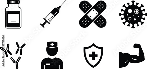 Vaccination health care icons set, medical syringe, antibody, nurse, shield, virus, muscle strength, booster dose, immune defense symbol, vector flat design