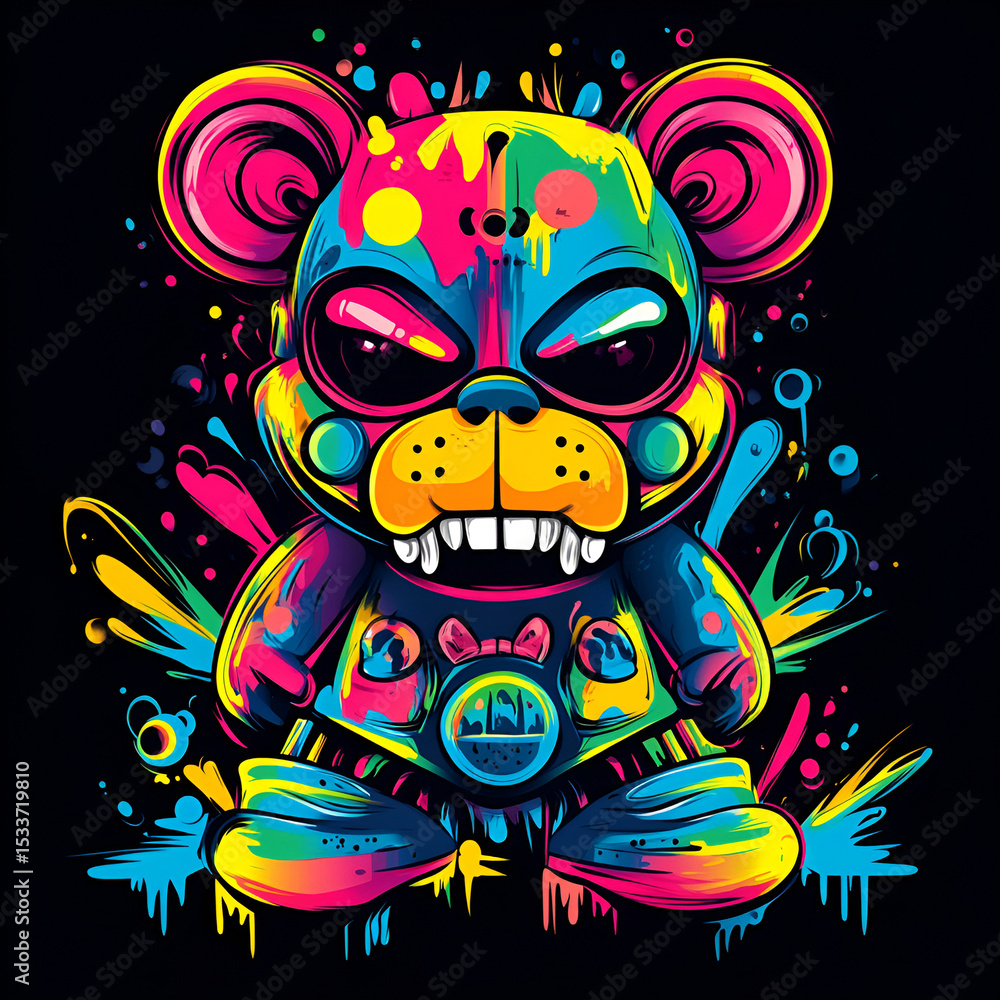 Naklejka premium Fierce Neon Graffiti Bear Character with Dripping Paint Effects on Black Background, Colorful Urban Street Art Style Illustration with Bold Expression