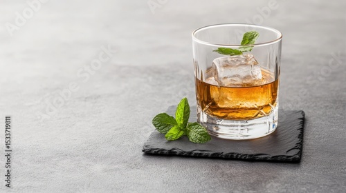 A whiskey glass placed on a slate coaster, with a sprig of fresh mint for decoration 