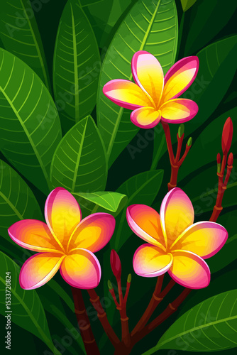 This is a vibrant digital illustration of Plumeria flowers, also known as frangipani. The artwork features three prominent blossoms with a radiant color gradient—yellow centers fading into pink and