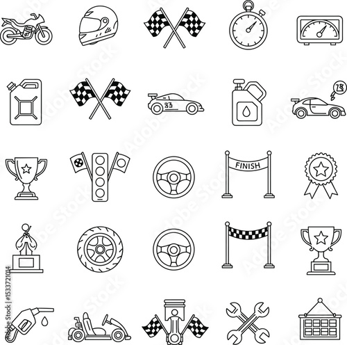 Racing icon set collection, motorsport line art symbols, car racing illustrations, pit stop equipment, checkered flags, winner trophies, finish line, automotive performance elements