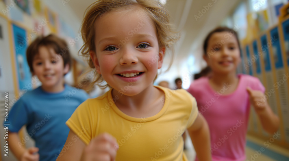 Obraz premium Excited Multiethnic School Kids Running in Colorful Hallway