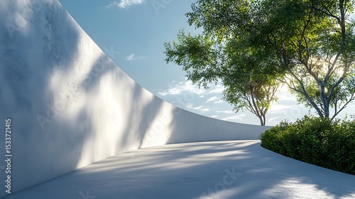 3D render of a white curved concrete wall with trees casting shadows on a minimalist path