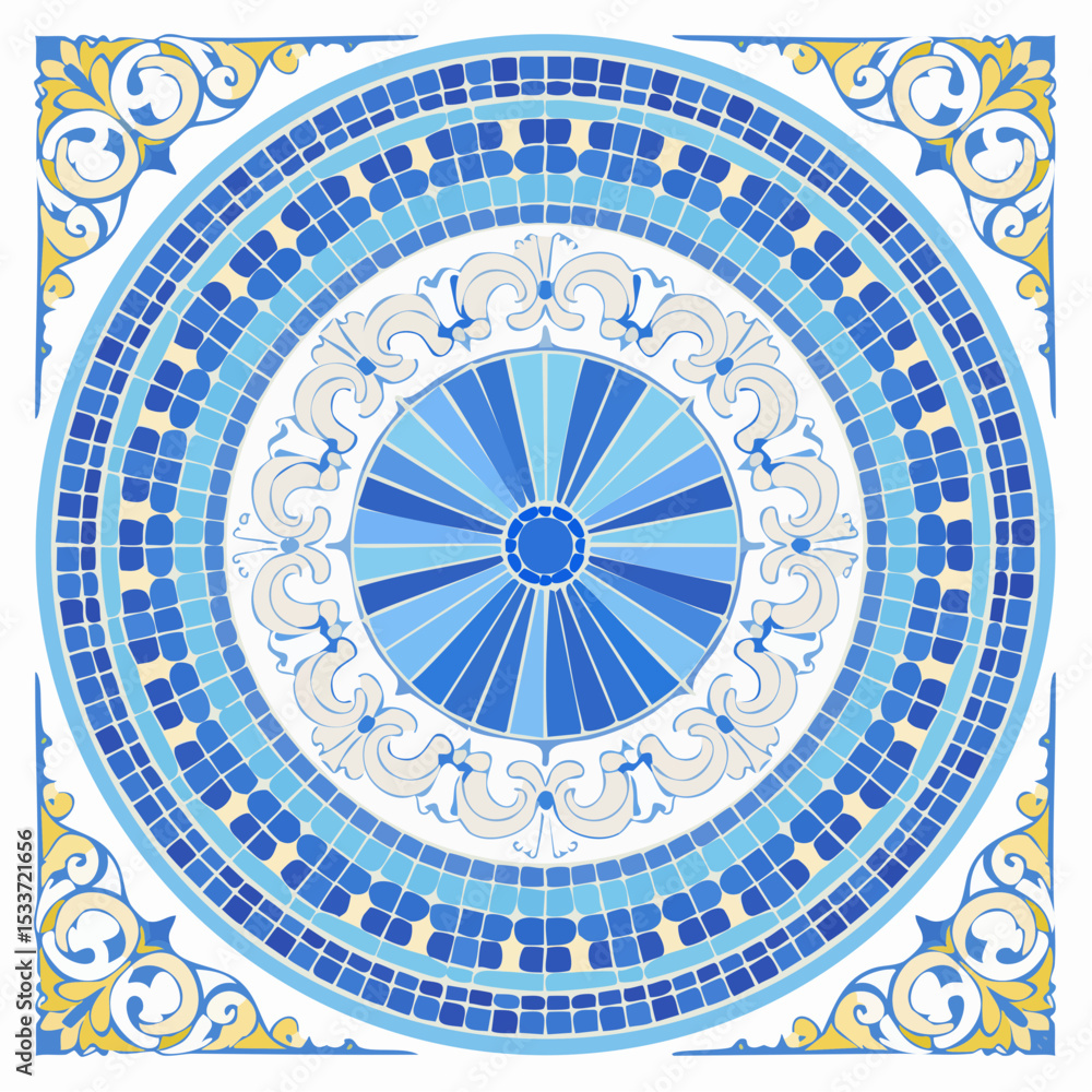 Obraz premium Mosaic tile pattern Greek blue sea texture background Rome circular vector ornament