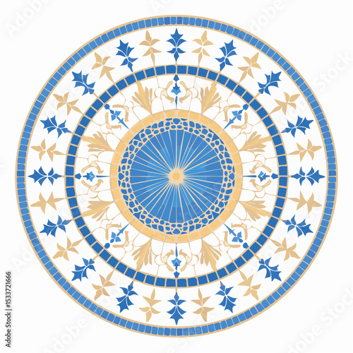 Mosaic tile pattern Greek blue sea texture background Rome circular vector ornament