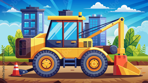 Cartoon construction excavator parked at a city building site with bright yellow body and large wheels under a sunny sky