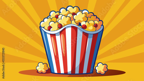Striped cartoon popcorn bucket filled with buttery popcorn and red candies on a bright yellow background with sunburst rays