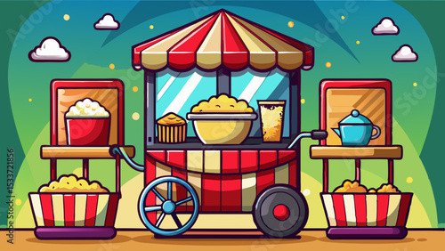 Striped popcorn cart with snacks, drinks, and treats under a festive canopy in a fun cartoon outdoor setting