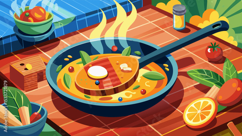 Frying pan with grilled fish steak in spicy broth with herbs and vegetables, steaming hot in a vibrant kitchen scene
