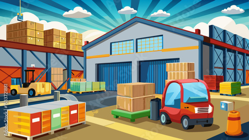 Cartoon warehouse exterior with forklifts, stacked boxes, delivery vehicles, and storage racks under a sunny sky