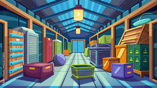 Cartoon warehouse interior with colorful storage boxes, lockers, and containers under a blue metal roof with hanging lights