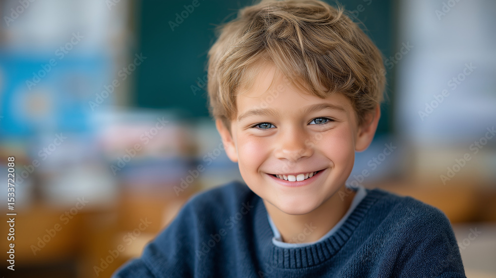Happy smiling schoolboy in a cheerful classroom learning environment Happy smiling schoolboy in a cheerful classroom learning environment