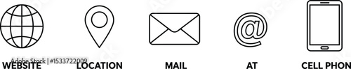 Minimal contact icon set with website, location, mail, at symbol, cell phone icon, digital communication vector design for business, mobile, and web use