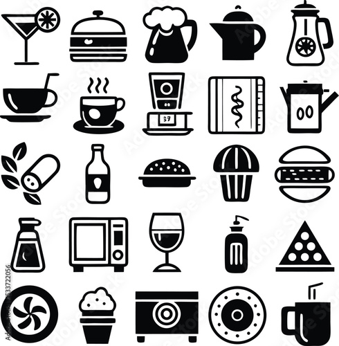 Collection of black and white food and drink icons a diverse set of culinary and beverage symbols