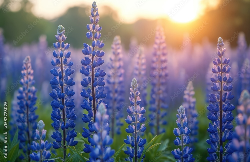 Obraz premium Lupinus field. Majestic blue lupine flowers bloom under summer sun. Floral scenery, herbal plants, wild meadow, agriculture landscape, perfect nature background. Sunny season, natural beauty,