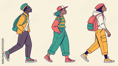 Diverse Youth Walking with Backpacks: Fashionable Students in Casual Attire for Urban Lifestyle