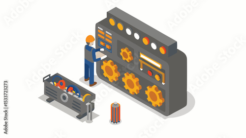 Isometric view of a worker operating a machine with gears and a toolbox nearby in a factory setting