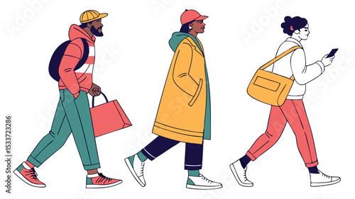 Diverse Urban Pedestrians Walking: People with Bags and Devices in Modern City Lifestyle Scene