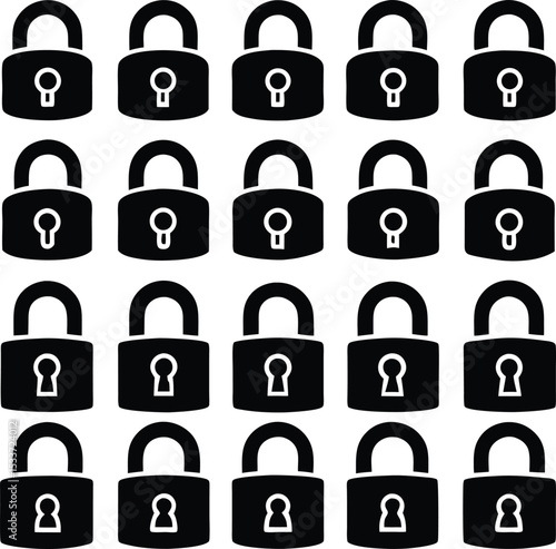 A collection of twenty four identical black padlock icons arranged in a grid pattern