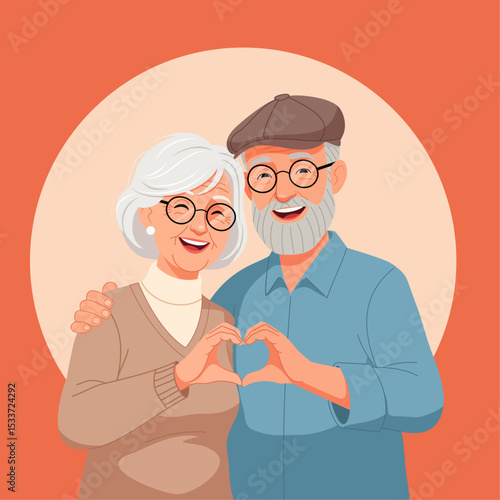 Elderly couple standing close together against a warm beige background.