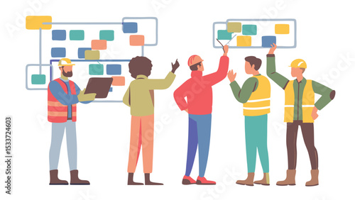 Team of construction workers collaborating on a project timeline with colorful sticky notes on boards