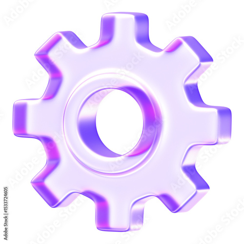 Minimal glassmorphism gear icon representing settings or configuration in modern digital interfaces, purple glass gear cog setting options mechanism, 3d rendering