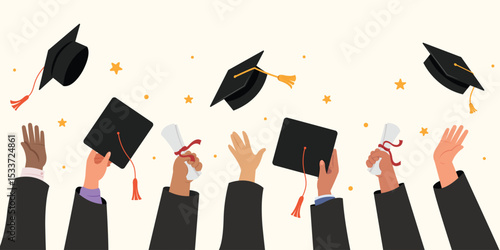 Happy moments of celebration finishing college Symbol of success. Celebration of Graduation day Students trow caps in air, Hands holding graduation cap, Graduating students concept.