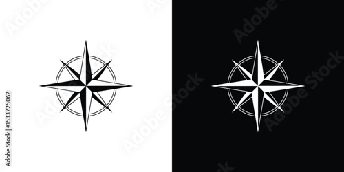 Black and White Compass Rose Images Navigation Symbol Isolated on Contrasting Backgrounds