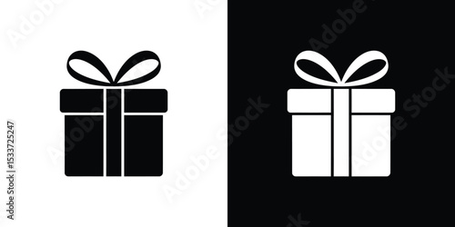 Black and White Gift Box Icons with Ribbon Bow on Contrasting Backgrounds