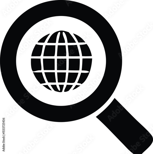 Magnifying glass encircling a global icon representing worldwide search and exploration