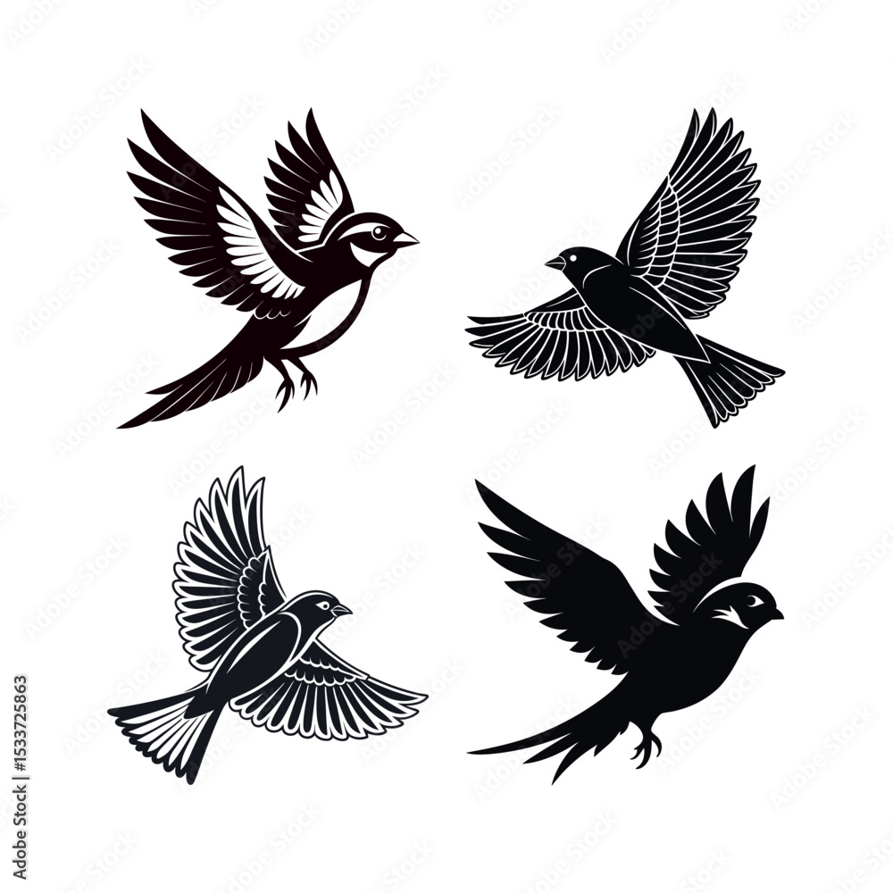 Fototapeta premium Four stylized sparrow bird silhouettes in flight