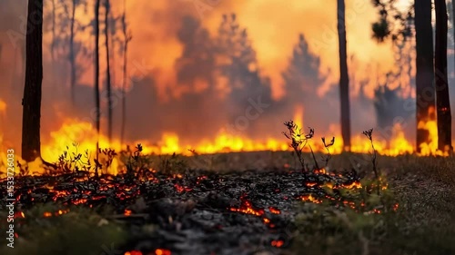 A intense wildfire burning through a forest, with flames and smoke visible amongst trees and charred ground.