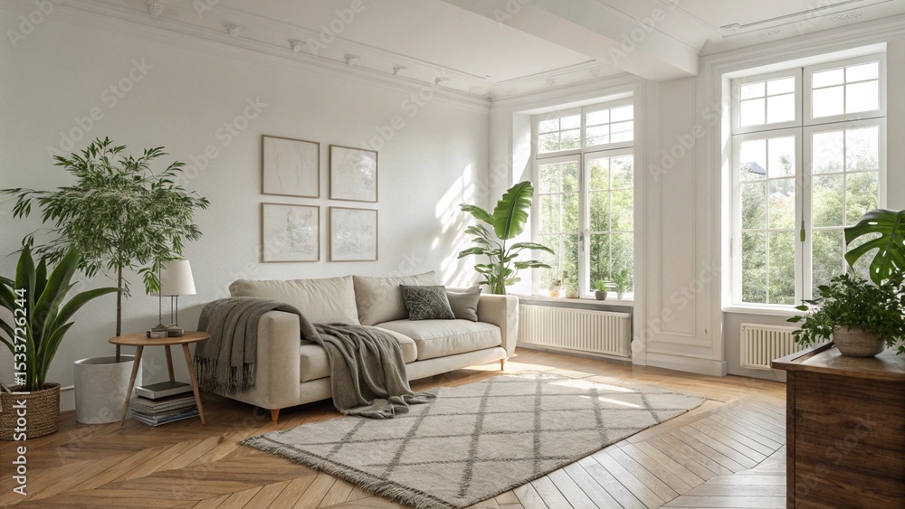 Fototapeta premium Modern living room interior with contemporary furniture, a comfortable sofa, and elegant decor
