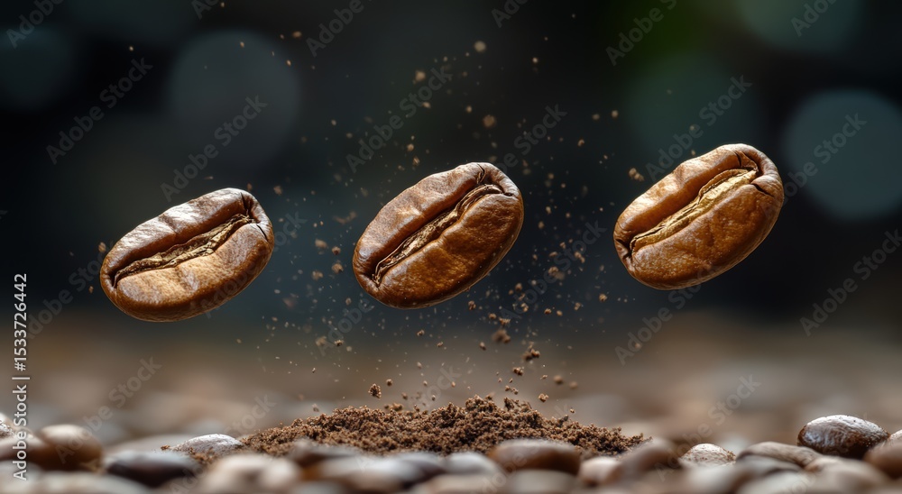 Dynamic coffee beans in motion with ground particles floating around Dynamic coffee beans in motion with ground particles floating around