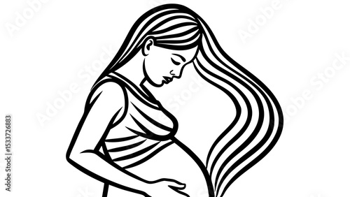 Artistic illustration of a pregnant woman gently cradling her baby bump for maternal health and wellness campaigns