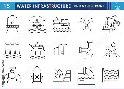 A set of line icons related to Water Infrastructure. Water, dam, oil, pipes, transportation, irrigation, and so on. Vector editable stroke.