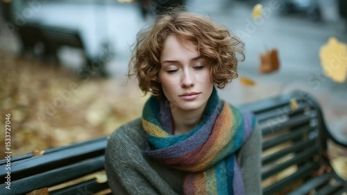 Wallpaper Mural Thoughtful person on a park bench with rainbow scarf in autumn Torontodigital.ca