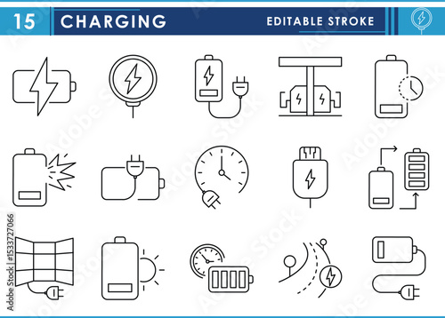 A set of line icons related to Charging. Charge, battery, full, explode, low, solar, time, and so on. Vector editable stroke.