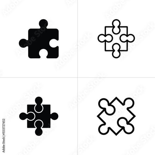 Four Puzzle Piece Variants Solid, Outline, and Interlocking Designs on White Backgrounds