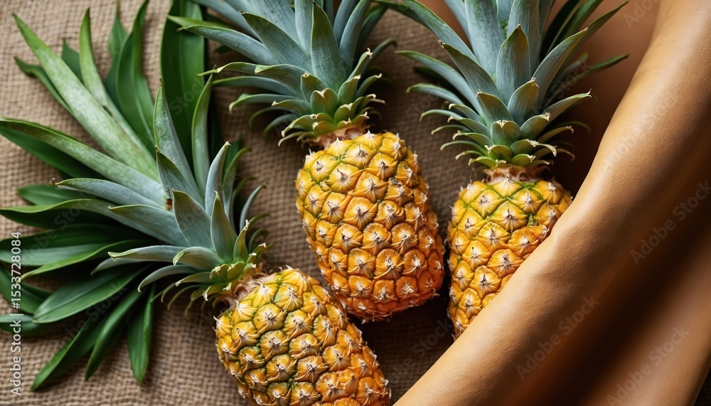 Fototapeta premium Eco-friendly leather crafted from pineapple fibers, sustainable, vegan material. Fresh pineapples alongside roll of innovative fabric. Pineapple leaf texture, sustainable tech solution for fashion