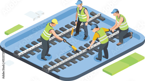 Isometric illustration of railway workers repairing train tracks on a blue platform surface