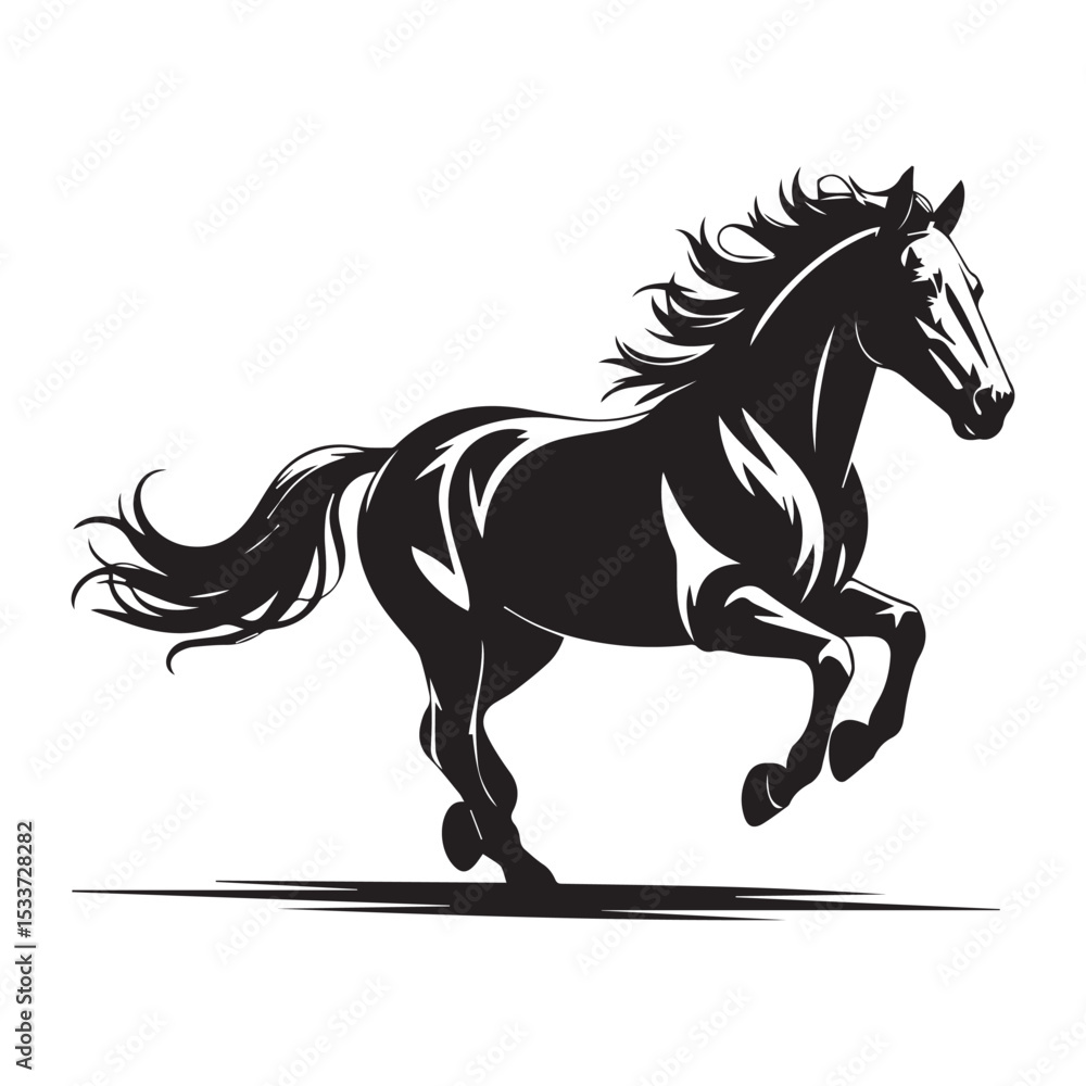 Obraz premium Black and White Vector Illustration of a Galloping Horse in Stylized Silhouette