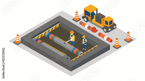 Isometric view of construction workers installing pipelines in a trench with a truck and safety cones