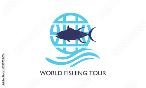 world fishing tour logo, a simple icon for world globe fishing silhouette of great fish and marine wave vector illustrations