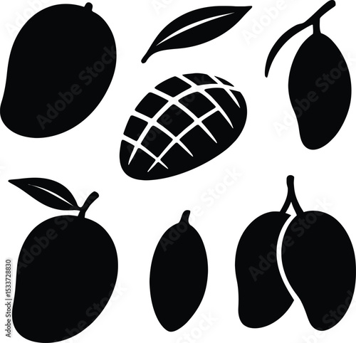 Solid black silhouette vector set on white background featuring mango icons: whole mango fruit, sliced mango, mango leaf, mango seed, mango bunch, mango with stem, simple and clean tropical fruit desi